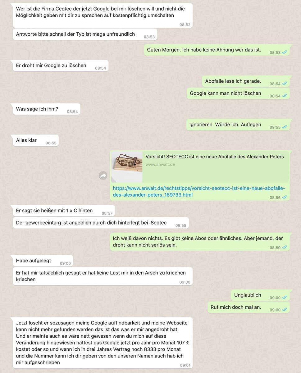 Whats App Textauszug zu Abzockversuch