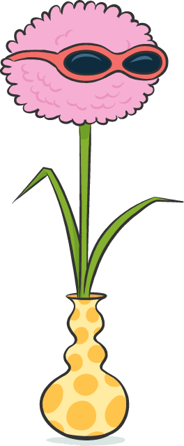 Illustration of a red flower with sunglasses on, standing in a yellow dotted vase