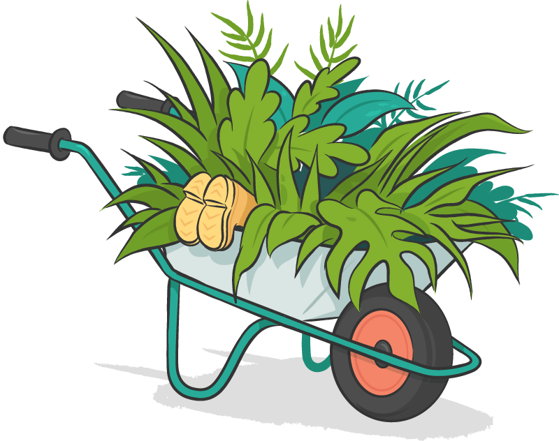 Illustration Dwarf upside down in wheelbarrow full of leaves, you can only see the little boots