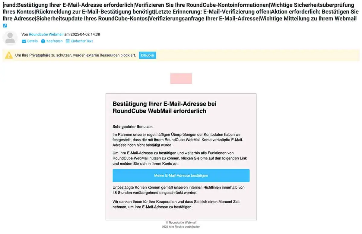 Screenshot einer Phishing Mail, die vorgibt, dass man Roundcube Kontoinformationen aktualisieren soll.
